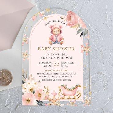 Pink Floral Winter Teddy Bear Arch Baby Shower Acrylic