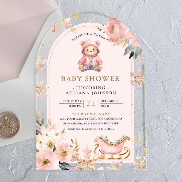 Pink Floral Winter Teddy Bear Arch Baby Shower Acrylic