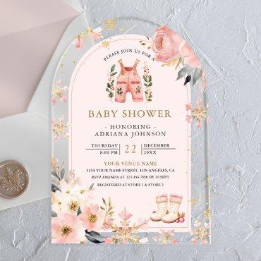Pink Floral Winter Wonderland Arch Baby Shower Acrylic