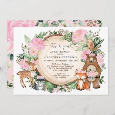 Pink Floral Woodland Forest Animals Baby Girl Invitation