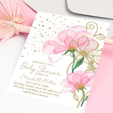 Pink Flower Gold Glitter