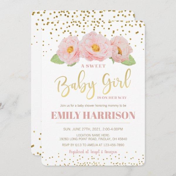 Pink Flowers Gold Confetti Sweet Baby Girl Shower