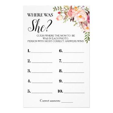 Pink Flowers Where Was She Baby Shower Game Card Flyer