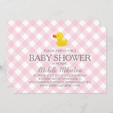 Pink Gingham Rubber Duckie Baby Shower Invitation