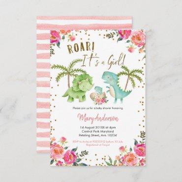 Pink Girl Tropical Dinosaur Baby Shower Floral Invitation