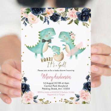 Pink Girl Tropical Dinosaur Baby Shower Roar Invit