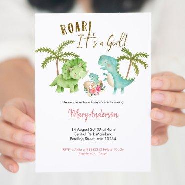 Pink Girl Tropical Dinosaur Baby Shower Roar