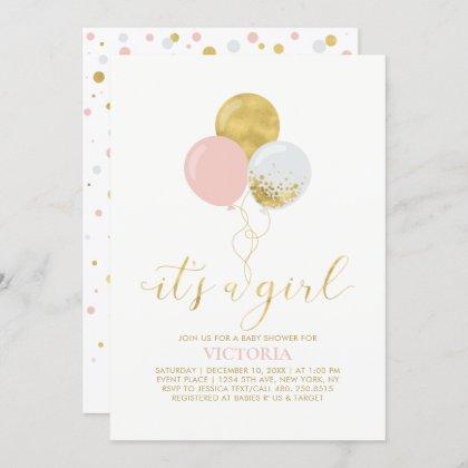 Pink & Gold Balloons | It's a Girl Baby Shower Invitation