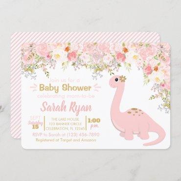 Pink & Gold Dinosaur Floral Girl Baby Shower Invitation