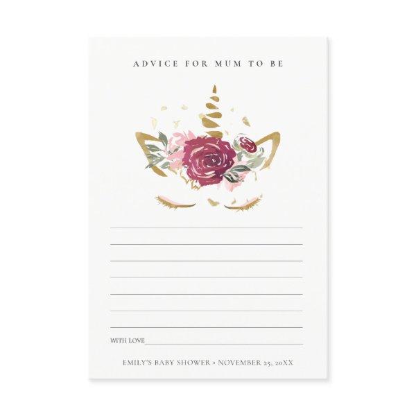 Pink Gold Flora Unicorn Advise for Mum Baby Shower Enclosure Card