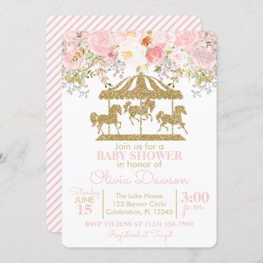 Pink & Gold Floral Carousel Girl Baby Shower Invitation