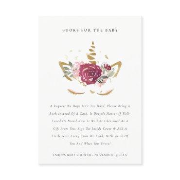 Pink Gold Floral Unicorn Books For Baby Shower Enclosure Card