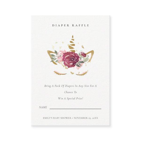 Pink Gold Floral Unicorn Diaper Raffle Baby Shower Enclosure Card