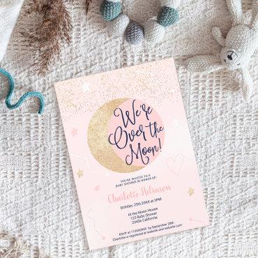 Pink gold glitter over the moon girl baby shower
