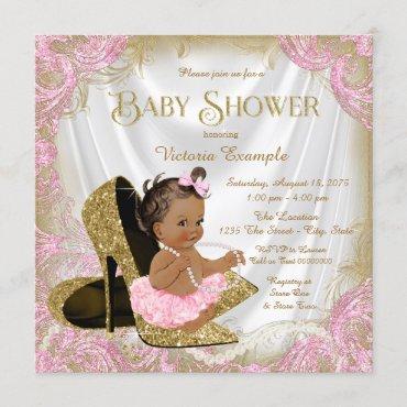 Pink Gold Glitter Shoe Pearl Ethnic Baby Shower Invitation