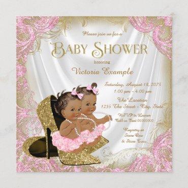Pink Gold Glitter Shoe Twin Girl Baby Shower Invitation