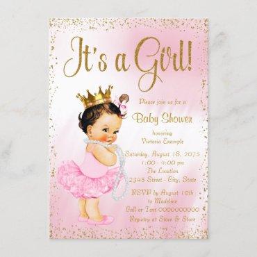 Pink Gold Little Ballerina Tutu Pearl Baby Shower Invitation