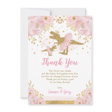 Pink Gold Princess Dinosaur Tutu Tiara Baby Girl Thank You Card