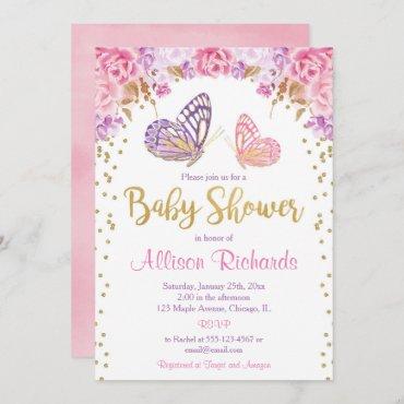 Pink gold purple butterfly girl baby shower invitation