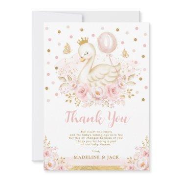 Pink Gold Swan Princess Balloon Girl Baby Shower Thank You Card