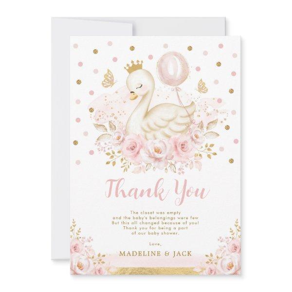 Pink Gold Swan Princess Balloon Girl Baby Shower Thank You Card