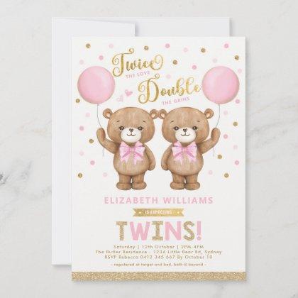 Pink Gold Teddy Bear Balloon Twin Girl