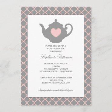 Pink + Gray Quatrefoil Baby Shower Tea Party Invitation