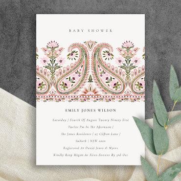 Pink Green Floral Paisley Motif Baby Shower Invite