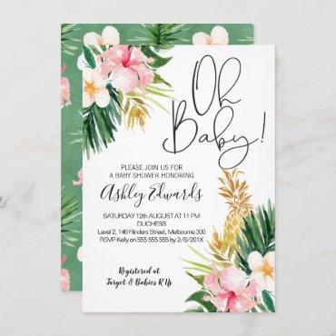 Pink Green Tropical Floral Baby Shower Invitation