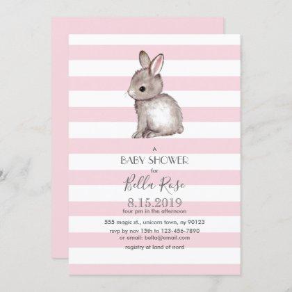 Pink grey bunny baby shower invitations