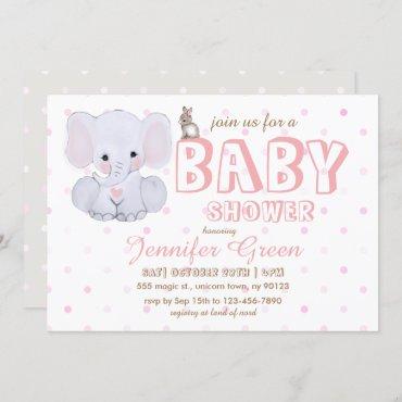 Pink Grey Elephant Baby Shower Invitations