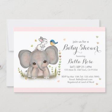 Pink Grey Elephant Bunny Baby Shower Invitation