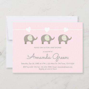 Pink Grey Elephant Heart Baby Shower Invitation