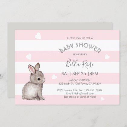Pink Grey Heart Bunny Baby Shower Invitations