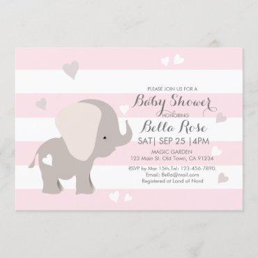 Pink Grey Heart Elephant Baby Shower Invitation