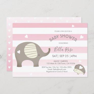 Pink Grey Heart Elephant Hedgehog Baby Shower Invitation