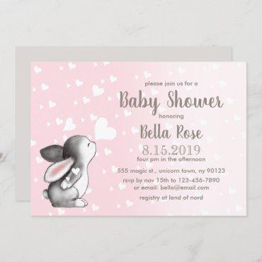Pink Grey Hearts Bunny Baby Shower Invitations