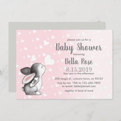 Pink Grey Hearts Bunny Girl Baby Shower Invitation