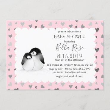 Pink Grey Hearts Penguins Baby Shower Invitations