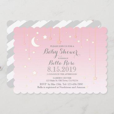 Pink Grey Moon Stars Girl Baby Shower Invite