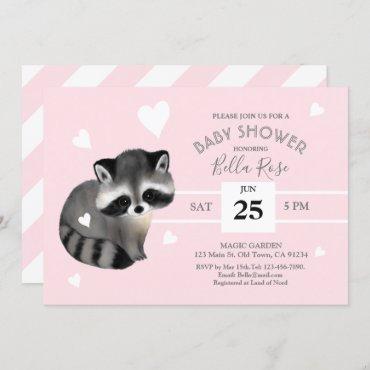 Pink Grey Stripes Raccoon Baby Shower Invitation