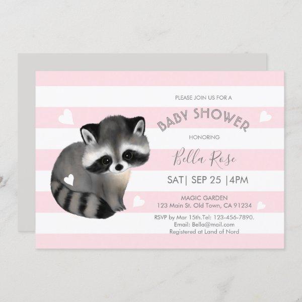Pink Grey Stripes Raccoon Heart Baby Shower Invite