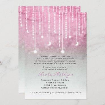 Pink Grey White Moon & Stars Celestial Baby Shower Invitation