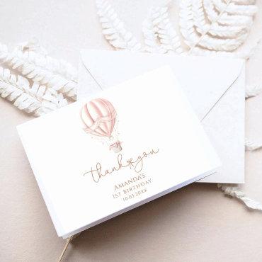 Pink Hot Air Ballon Onederful Girl 1st Birthday Thank You Card
