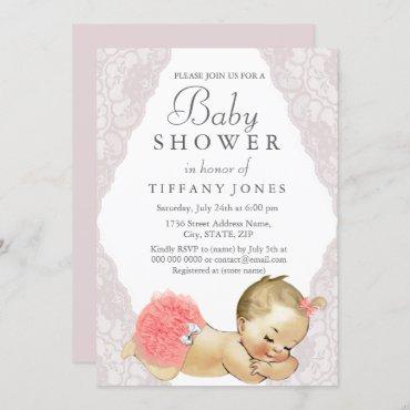 Pink Lace Its A Girl Vintage Baby Shower Invite