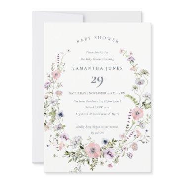 Pink Lilac Wildflower Wreath Baby Shower Invite