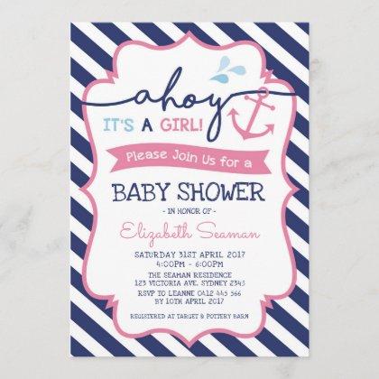 Pink Nautical Girl Baby Shower Invitation Ahoy