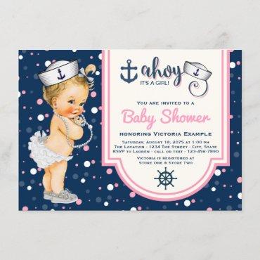 Pink Navy Blue Girl Nautical Baby Shower Invitation