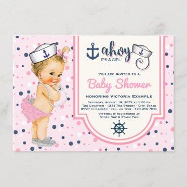 Pink Navy Blue Nautical Baby Shower Invitation