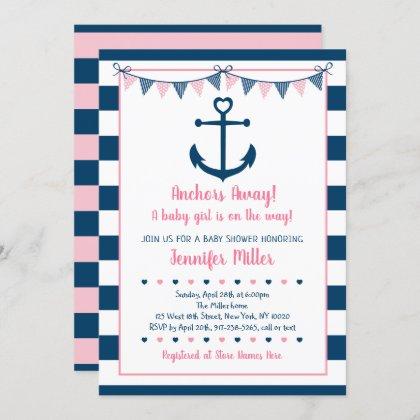 Pink Navy Girl Nautical Anchor Baby Shower Invitation